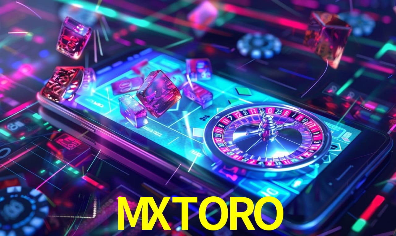 Escena dinámica inspirada en casino con iluminación MXTORO, cartas, fichas e íconos de juegos digitales en un espacio moderno de juegos.