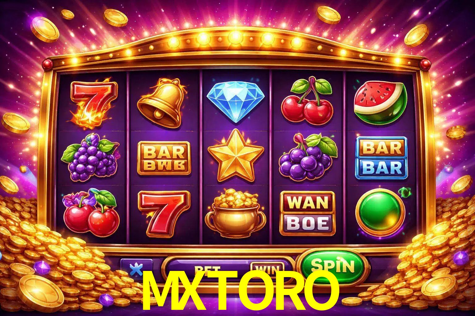 Una interfaz colorida de tragamonedas en línea con símbolos brillantes, monedas y un efecto de victoria celebratoria en MXTORO.